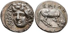 Ancient Coins Thessalien Larissa, Drachme (6,07g), 350-325 v. Chr. Av: Kopf der Nymphe Larissa im 3/4 Profil nach links. Rev: Weidendes Pferd nach rechts, zwischen den Läufen eine Blume. SNG Cop. 122,
