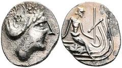 Ancient Coins Euboia Histiaea, Tetrobol (1,09g), ca. 300-146 v. Chr.. Av: Meandenkopf nach rechts. Rev: Sitzende Nymphe Histiaea auf Schiff nach rechts. SNG Cop. 517ff., vz. Aus einer rheinischen Priv