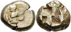 Ancient Coins Mysia Kyzikos, Elektron Stater (15,98g), ca. 550-500 v. Chr. Av: Oberkörper einer geflügelten Frau, links Thunfisch. Rev: Quadratum incusum. SNG France 205, Fritze 75, ss. Aus einer rhei