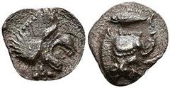 Ancient Coins Mysia Kyzikos, Hemiobol (0,31g), ca. 5. Jhd. v. Chr. Av: Wildschweinprotome nach links, dahinter Thunfisch. Rev: Löwenprotome nach links. SNG France 375, ss-vz. Aus einer rheinischen Pri