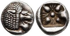 Ancient Coins Ionien Milet, Diobol (1,18g), 6. Jh. v. Chr. Av: Löwenprotome nach rechts. Rev: Incuses Blütenornament. SNG von Aulock 2082, vz. Mit Unterlegzettel des Sammlers. Ionia Miletus, Diobol (1