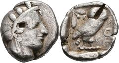 Ancient Coins Attika Athen, Tetradrachme (16,93g), ca. 5./4. v. Chr. Av: Athenekopf mit attischem Helm nach rechts. Rev: Eule nach rechts, dahinter Ölzweig und Mondsichel. Prüfhieb, s-ss. Attica Athen