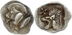 Ancient Coins Mysia Kyzikos, Hemiobol (0,39g), ca. 5. Jhd. v. Chr. Av: Wildschweinprotome nach links, dahinter Thunfisch. Rev: Löwenprotome nach links. SNG France 375, vz. Aus einer rheinischen Privat