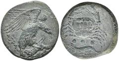 Ancient Coins Sizilien Akragas, Æ-Tetras (6,73g), ca. 425-406 v. Chr. Av: Adler mit Hasen in den Fängen nach rechts. Rev: Krabbe, darunter Wertkugeln und Garnele. SNG ANS 1042, ss-vz. Sicily Agrigentu