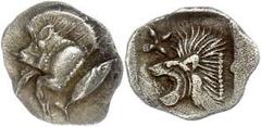 Ancient Coins Mysia Kyzikos, Hemiobol (0,39g), ca. 5. Jhd. v. Chr. Av: Wildschweinprotome nach links, dahinter Thunfisch. Rev: Löwenprotome nach links. SNG France 375, vz. Aus einer rheinischen Privat