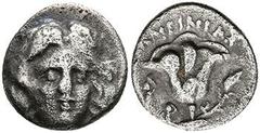 Ancient Coins Karien Rhodos, Hemidrachme (1,13g), um 304-189 v. Chr.. Av: Helioskopf im Dreiviertelprofil nach rechts. Rev: Rosenblüte mit Trieb. SNG von Aulock 2817 var., ss. Aus einer rheinischen Pr