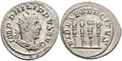 Ancient Coins Münzen Römische Kaiserzeit Philippus I. Arabs, 244-249, Antoninian (3,56g), Rom. Av: Büste nach rechts, darum Umschrift. Rev: Vier Standarten, darum "FIDES EXERCITVS". RIC 62, f. vz. Coi