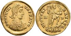 Ancient Coins Münzen Römische Kaiserzeit Honorius, 393-424, Solidus (4,47g), Mediolanum. Av: Büste nach rechts, darum Umschrift. Rev: Kaiser mit Viktoria und Labarum steht auf Gefangenem, darum Umschr