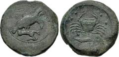 Greek SICILY, Akragas. Circa 415-406 BC. Æ Hemilitron (30mm, 22.52 g, 5h). Eagle, wings spread, standing right on, and tearing at, dead hare / Crab; six pellets (mark of value) in fields; below, crawf