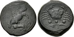 Greek SICILY, Akragas. Circa 415-406 BC. Æ Tetras – Trionkion (22mm, 10.33 g, 6h). Eagle, wings spread, standing right on, and tearing at, dead hare / Crab; below, three pellets (mark of value) above 