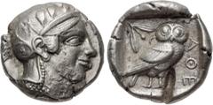 Greek ATTICA, Athens. Circa 454-404 BC. AR Tetradrachm (24mm, 17.19 g, 1h). Helmeted head of Athena right, with frontal eye / Owl standing right, head facing, closed tail feathers; olive spray and cre