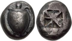 Greek ISLANDS off ATTICA, Aegina. Circa 525-480 BC. AR Hemistater – Drachm (13mm, 5.87 g). Sea turtle, head in profile, with thin collar and [row of dots down its back] / Incuse square with mill-sail 