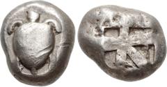 Greek ISLANDS off ATTICA, Aegina. Circa 525-480 BC. AR Stater (15.5mm, 12.32 g, 8h). Sea turtle, head in profile, [with thick collar and row of dots down its back] / Small incuse square with skew patt