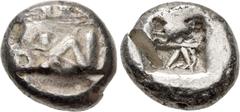 Greek LYCIA, Phaselis. Circa 530-500 BC. AR Stater (19mm, 10.96 g). Prow of galley left, terminating in a boar's forepart / Incuse square divided by two bands, with Λ-shaped feature in one section. He