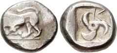 Greek DYNASTS of LYCIA. Uncertain dynast. Circa 480/70-430 BC. AR Stater (19mm, 8.90 g). Lion left, devouring leg of bull / Triskeles; K in field; all within incuse square. Müseler IV, 63 (same dies a