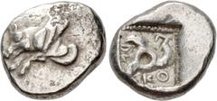 Greek DYNASTS of LYCIA. Kuprilli. Circa 480-440 BC. AR Third Stater – Tetrobol (13mm, 2.80 g). Forepart of winged boar left / Triskeles; KO-Π-PΛ (partially retrograde) around; all in dotted square wit