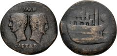Roman Provincial GAUL, Vienna. Octavian, with Divus Julius Caesar. Circa 36 BC. Æ Dupondius (30mm, 14.19 g, 12h). Bare heads of Divus Julius Caesar left and Augustus right, back to back / Prow of gall