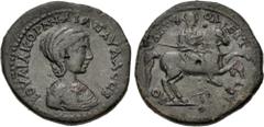Roman Provincial BITHYNIA, Juliopolis. Julia Paula. Augusta, AD 219-220. Æ Tetrassarion (33.5mm, 23.07 g, 7h). Draped bust right / Emperor on horseback right, wearing military dress, holding couched s