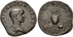Roman Imperial Gordian III. As Caesar, AD 238. Æ Sestertius (29mm, 19.73 g, 1h). Rome mint. 1st emission of Balbinus and Pupienus. Bareheaded and draped bust right / Priestly emblems: lituus, secespit