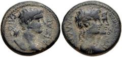 LYDIA, Philadelphia. Gaius (Caligula). AD 37-41. Æ 19mm (4.50 g, 12h). Gaios Ioulios Diodoros, magistrate. Bare head of Caligula right; star behind / Laureate, conjoined busts of the Dioskouroi right.