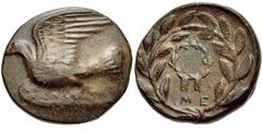 SIKYONIA, Sikyon. Circa 330-310/05 BC. Æ Dichalkon (15mm, 3.44 g, 3h). Dove flying left / Wreath above small ME; all within wreath tying below. Warren, Bronze 5.3a; BCD Peloponnesos 307.9; Warren, Upd