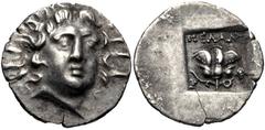 ISLANDS off CARIA, Rhodos. Rhodes . Circa 125-88 BC. AR Hemidrachm (13mm, 1.28 g, 12h). ‘Plinthophoric’ coinage. Melantas, magistrate. Radiate head of Helios facing slightly right / Rose with bud to l