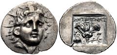 ISLANDS off CARIA, Rhodos. Rhodes . Circa 125-88 BC. AR Hemidrachm (14mm, 1.19 g, 12h). ‘Plinthophoric’ coinage. Antigenes, magistrate. Radiate head of Helios facing slightly right / Rose with bud to 