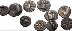GREEK. Asia Minor. Lot of Ten (10) AR fractions from Aeolis and Ionia. Includes: AEOLIS, Kyme. AR Hemiobol. Head of eagle / Incuse // As last. Forepart of horse / Floral symbol (5 coins) // IONIA, Eph