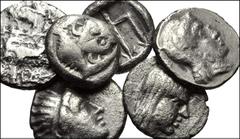 GREEK. Asia Minor. Lot of Six (6) Mixed AR fractions. Includes: CARIA, Mylasa(?). Hemiobol. Facing forepart of lion / Scorpion // ISLANDS off CARIA, Rhodos. Rhodes. Obol. Head of Sol / Two grain ears 