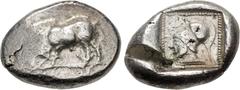 Greek DYNASTS of LYCIA. Uncertain dynast. Circa 490/80-440/30 BC. AR Stater (22mm, 9.29 g, 7h). Boar standing left / Helmeted head of Athena right in dotted square within incuse square. Müseler II 34;