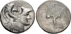 Greek PAMPHYLIA, Side. Circa 205-100 BC. AR Tetradrachm (28mm, 16.84 g, 12h). De–, magistrate. Helmeted head of Athena right; c/m: bow-in-bowcase, AΠA to left, all within incuse circle / Nike advancin