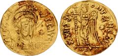 Central Asian LOCAL ISSUES, Silk Road Region. 5th-8th centuries AD. AV Imitation Solidus (15mm, 0.66 g, 6h). Imitating a 10th officina Constantinople mint AV Solidus of Theodosius I. Pearl-diademed, h