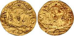 Central Asian LOCAL ISSUES, Silk Road Region. 5th-8th centuries AD. AV Imitation Solidus Bracteate (16mm, 0.26 g, 12h). Imitating a Constantinople mint AV Solidus of Theodosius I. Pearl-diademed, helm