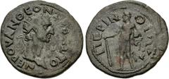 Roman Provincial THRACE, Perinthus. Divus Nerva. Died AD 98. Æ (28mm, 10.43 g, 6h). Struck under Trajan, circa AD 98-102. Radiate head right / Herakles standing left, holding club set on ground, lion'