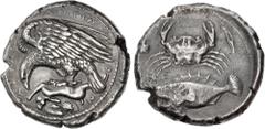 Greek SICILY, Akragas. Circa 420-415 BC. AR Tetradrachm (29mm, 16.93 g, 6h). Sea eagle, wings raised, standing left on, and tearing at, dead hare, upturned left on rock below; Å˚rÅ˝-Å˜t5˜-o-˜ around, 