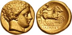 Greek KINGS of MACEDON. temp. Philip II – Alexander III. Circa 340/36-328 BC. AV Stater (17mm, 8.58 g, 11h). In the name and types of Philip II. Amphipolis mint. Head of Apollo right, wearing laurel w