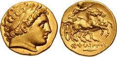 Greek KINGS of MACEDON. Philip III Arrhidaios. 323-317 BC. AV Stater (19mm, 8.56 g, 11h). In the types of Philip II. Kolophon mint. Struck under Menander or Kleitos, circa 322-319 BC. Head of Apollo r
