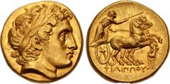 Greek KINGS of MACEDON. Philip III Arrhidaios. 323-317 BC. AV Stater (17.5mm, 8.66 g, 12h). In the types of Philip II. Kolophon mint. Struck under Menander or Kleitos, circa 322-319 BC. Head of Apollo