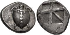 Greek ISLANDS off ATTICA, Aegina. Circa 480-457 BC. AR Stater (20mm, 12.15 g). Sea turtle, head in profile, with 'T-back' design on shell / Large square incuse with skew pattern. Meadows, Aegina, Grou
