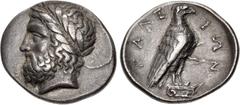Greek ELIS, Olympia. 106th Olympiad. 356 BC. AR Stater (27mm, 11.92 g, 12h). Head of Zeus left, wearing laurel wreath / Eagle, with closed wings, standing right on Ionic capital; FAΛE-IΩN around. Selt