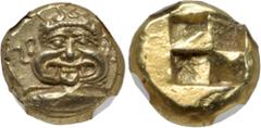 Greek MYSIA, Kyzikos. Circa 550-450 BC. EL Hekte – Sixth Stater (10mm, 2.69 g). Facing gorgoneion, mouth opened and tongue protruding between her teeth, five coiled serpents rising from her head, anot