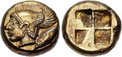 Greek MYSIA, Kyzikos. Circa 550-450 BC. EL Hekte – Sixth Stater (10mm, 2.67 g). Head of Perseus left, wearing winged helmet; to right, tunny diagonally downward left / Quadripartite incuse square. Von