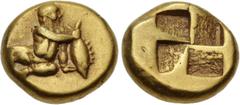Greek MYSIA, Kyzikos. Circa 450-330 BC. EL Hekte – Sixth Stater (11mm, 2.53 g). Boy seated facing, head right, legs splayed to left, holding in his right hand a tunny fish by the tail / Quadripartite 