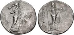 Greek CARIA, Mylasa. Circa 250-200 BC. AR Tetradrachm (27mm, 13.00 g, 12h). Rhodian standard. Iatrokles, magistrate. Zeus Labraundos standing right, wearing chiton and himation, holding labrys in righ