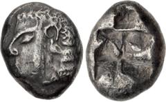Greek CARIA or LYCIA, Uncertain. Circa 525/0 BC. AR Stater (17mm, 10.75 g). Aeginetic standard. Archaic head of female left / Two incuse squares of unequal size. J.-A. Chevillon & R. Fournials, "Asie 