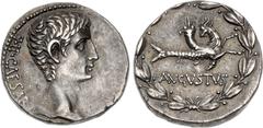 Roman Provincial MYSIA, Pergamum. Augustus. 27 BC-AD 14. AR Cistophorus (24.5mm, 11.94 g, 12h). Struck 27-26 BC. IMP • CAESAR, bare head right / AVGVSTVS, capricorn right, head left, bearing cornucopi