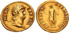 Roman Imperial Nero. AD 54-68. AV Aureus (19.5mm, 7.29 g, 6h). Rome mint. Struck circa AD 64-65. NERO CAESAR, laureate head right / AVGVSTVS GERMANICVS, Nero, radiate and togate, standing facing, hold