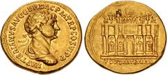 Roman Imperial Trajan. AD 98-117. AV Aureus (20mm, 7.16 g, 6h). Rome mint. Struck AD 112-113. IMP TRAIANVS AVG GER DAC P M TR P COS VI P P, laureate, draped, and cuirassed bust right / Triumphal gatew