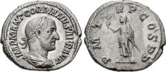 Roman Imperial Gordian I. AD 238. AR Denarius (20mm, 3.21 g, 12h). Rome mint. Struck 1-22 April. IMP M ANT GORDIANVS AFR AVG, laureate, draped, and cuirassed bust right / P M T R P COS P P, Gordian I,