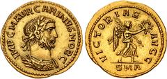 Roman Imperial Carinus. As Caesar, AD 282-283. AV Aureus (19mm, 4.33 g, 12h). Antioch mint, 1st officina. 1st emission, February AD 283. IMP C M AVR CARINVS NOB C, laureate and cuirassed bust right / 